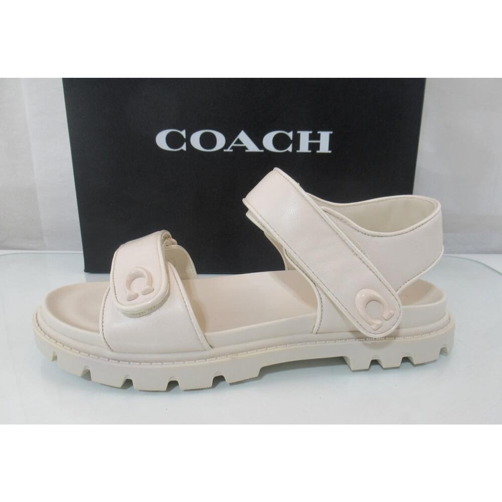 Coach Size 9 Brynn Leather Double Band Straps Sandals C Logo Comfort Chalk Ivory